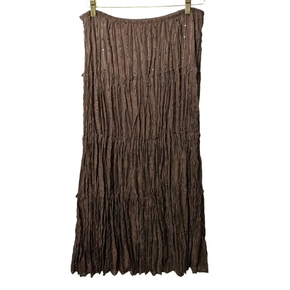 Vintage Y2K Notations Maxi Skirt Brown Crinkle Pleat Metallic Thread with Sequin